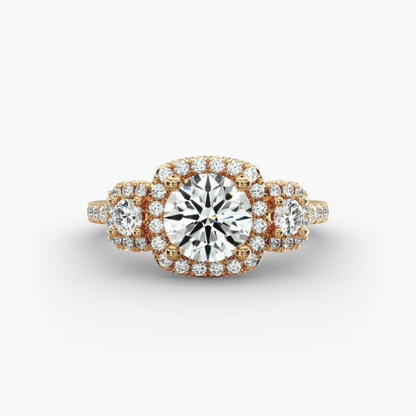 Velvety Three-Stone Cushion Lab Grown Diamond Halo Engagement Ring